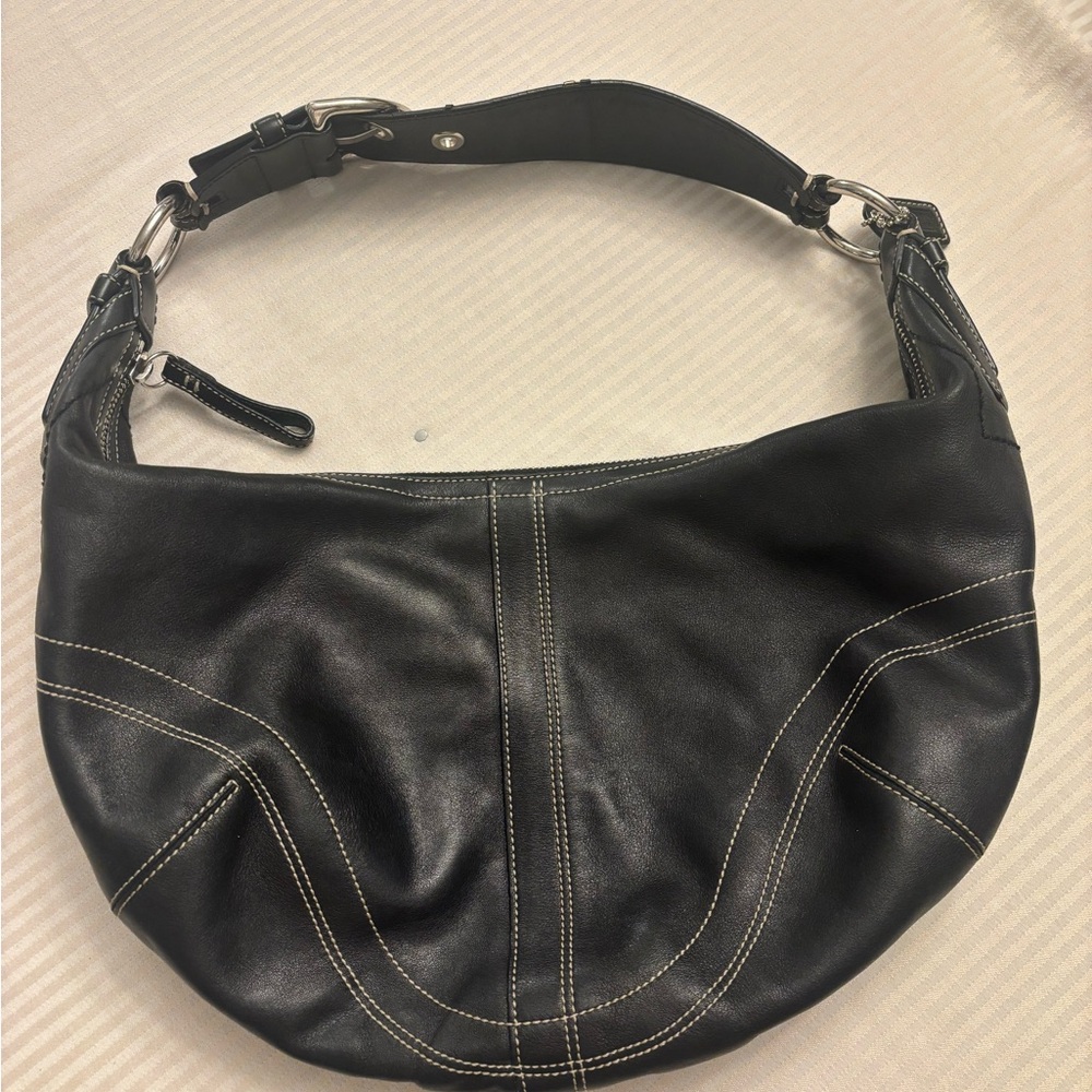 Coach Black Leather Hobo Bag with Stitching